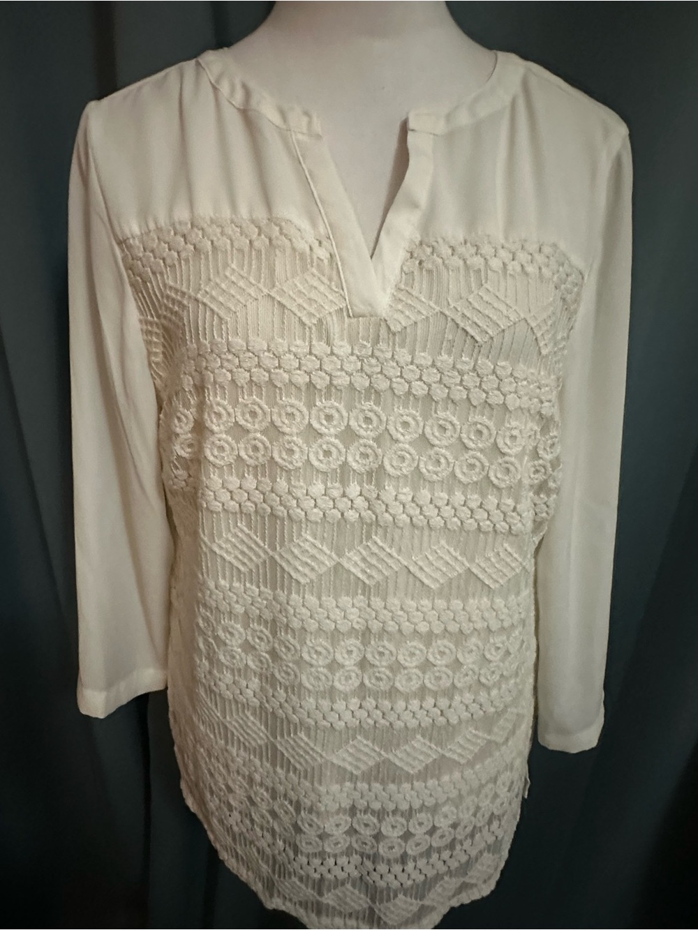 Zac & Rachel Women's L Ivory Crochet Lace Front 3/4 Sleeve Boho Blouse Top